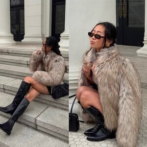 Unreal Fur Faux Fur Crop Jacket Neutral Tones Clasp Front Size Medium